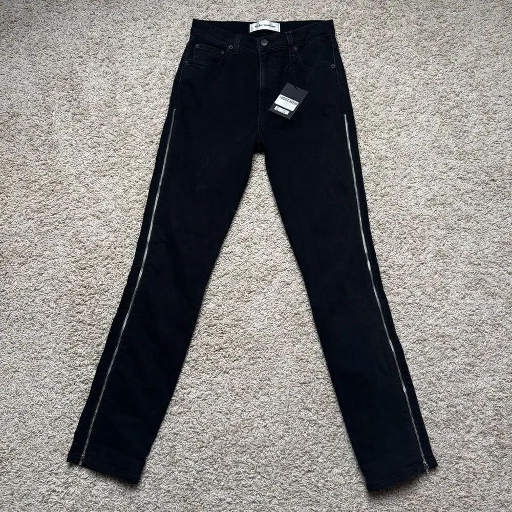 Reformation Lane Jumper Black Denim Jeans Zip Up Leg NWT Size 26